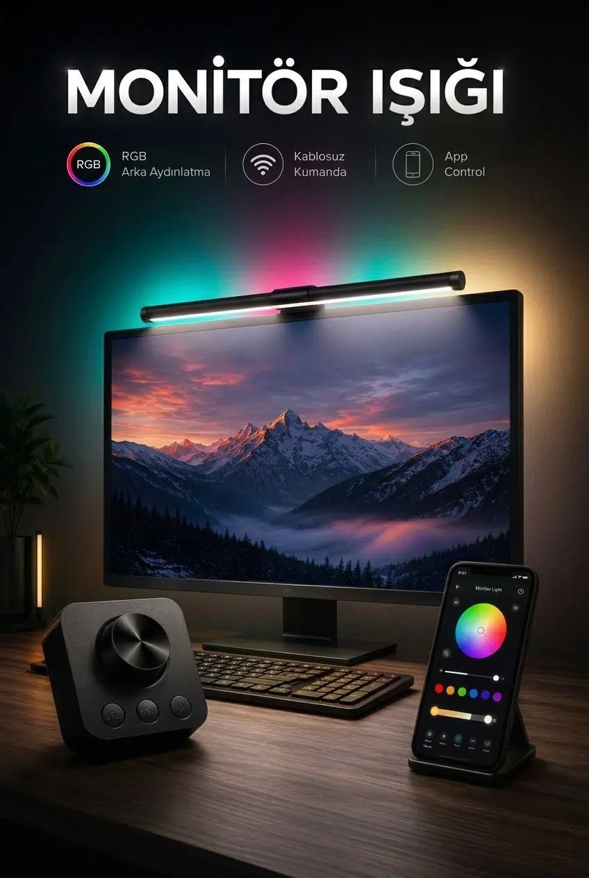 Monitör Lambası RGB Kumandalı WiFi Kontrollü Parlaklık Renk Ayarlı Masa PC Ekran Işığı